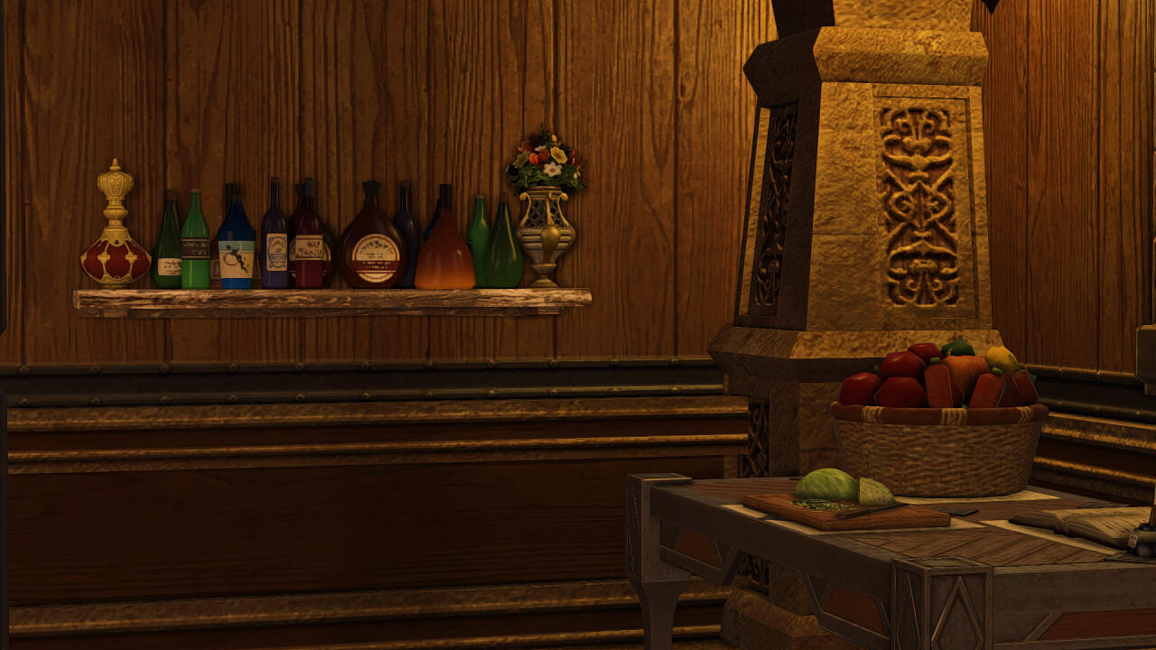 A shot of one of the venue's shelves of bottles on the left, with a basket of fruits and vegetables accompanying a cutting board and notebook on the right.