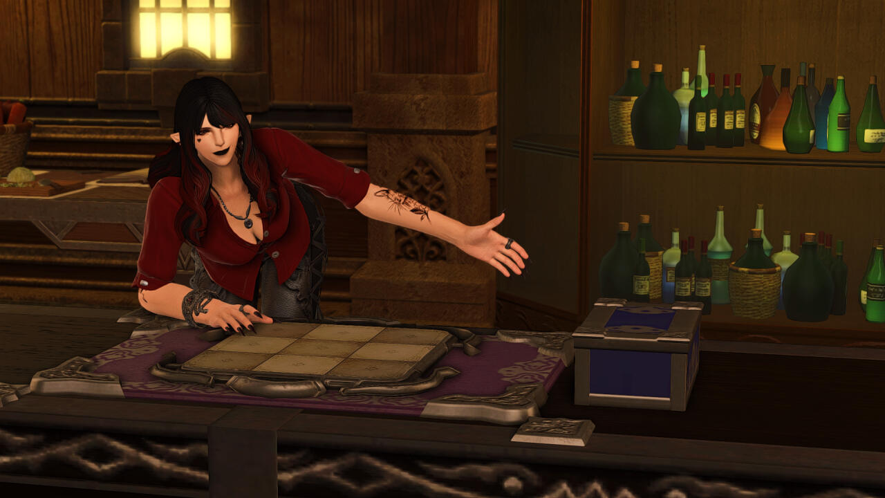 A shot of Marigold, the owner of the venue, a Wildwood Elezen with black and red hair dressed in a red, slightly open dress shirt and leather pants. She is motioning playfully to the triple triad board in front of her with a cabinet of bottles behind her.